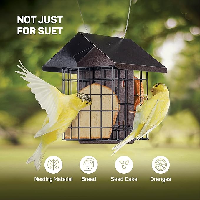 Suet Bird Feeder for Outside [Double Capacity] Suet Wild Bird Feeder with Hanging Metal Roof, Suet Feeders for Outside, for Use with Suet Cakes, Seed Cakes, Mealworm Cakes