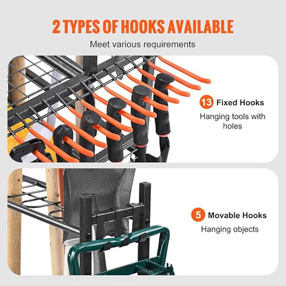 VEVOR Garden Tool Organizer, 16 Slots with Hooks, Yard Tool Tower Rack with Wheels for Garage Organization and Storage, Hold Long-Handled Tool/Rake/Broom, Metal Tool Stand Holder for Shed, Outdoor