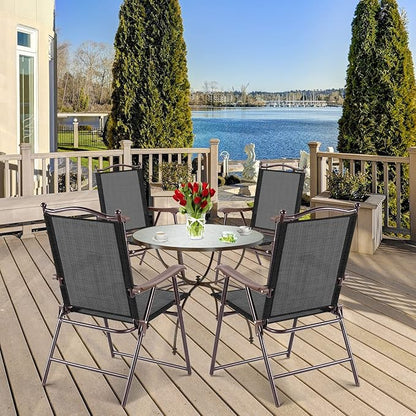 Tangkula Set of 2 Patio Folding Dining Chairs, Outdoor Sling Lawn Chairs with Armrests, Steel Frame, Portable Camping Lounge Chairs for Backyard, Deck, Poolside and Garden, No Assembly (1, Black)