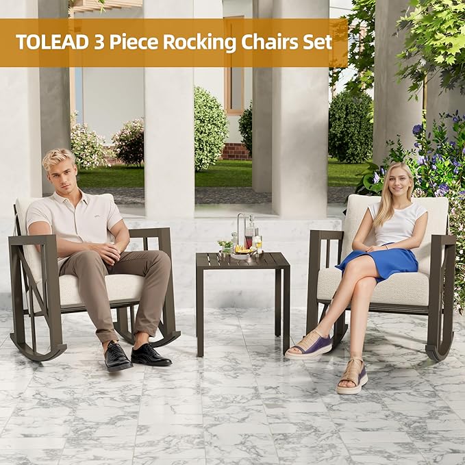 TOLEAD Outdoor Rocking Chair Set, 3 Piece Rocking Patio Furniture Set, Outdoor Patio Furniture Set with 2 Rockers and 1 Table, Patio Rocking Chair Set for Backyard, Porch, Poolside