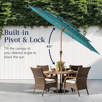 Best Choice Products 10ft 3-Tier Solar Patio Market Umbrella, Outdoor Sun Shade for Backyard, Deck, Poolside, Table w/Woodgrain Pattern, LED Lights, Tilt Adjustment - Cerulean