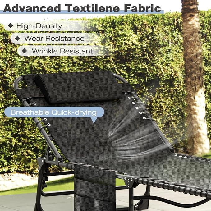 EBE Folding Lounge Chair, Outdoor Adjustable Chaise Lounge Chair, Portable Tanning Chaise with Detachable Pillow and Side Pocket, Reclining Chairs for Pool Beach Patio Sunbathing, Black