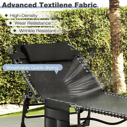 Outdoor Lounge Chair, Foldable Reclining Chaise Lounge with Detachable Pillow & Side Pocket, 4-Position Recliner Tanning Chair for Beach, Pool, Lawn, Backyard, Black, 2 Packs