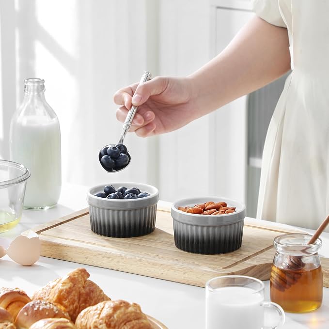 MALACASA Ramekins 4 oz Oven Safe, Small Ceramic Souffle Dishes for Creme Brulee Souffle, Stoneware Custard Cups Ramiken for Baking, Baking Bowls Dipping Sauce Dish Set of 6, Grey, Series RAMEKIN-DISH