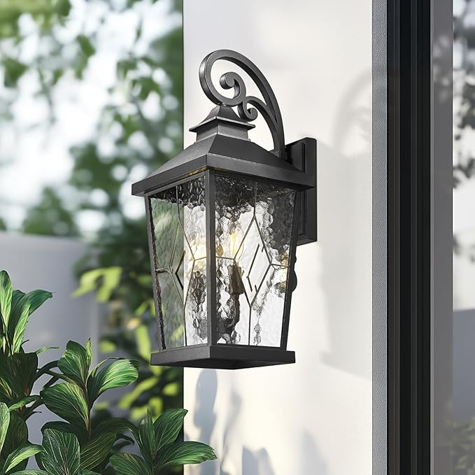 Emliviar 22.4" Large Outdoor Wall Light, Matte Black Exterior Lighting Fixtures with Water Glass Shade, Outside Wall Lantern with E12 Bulb Base, WE301BM-SD BK
