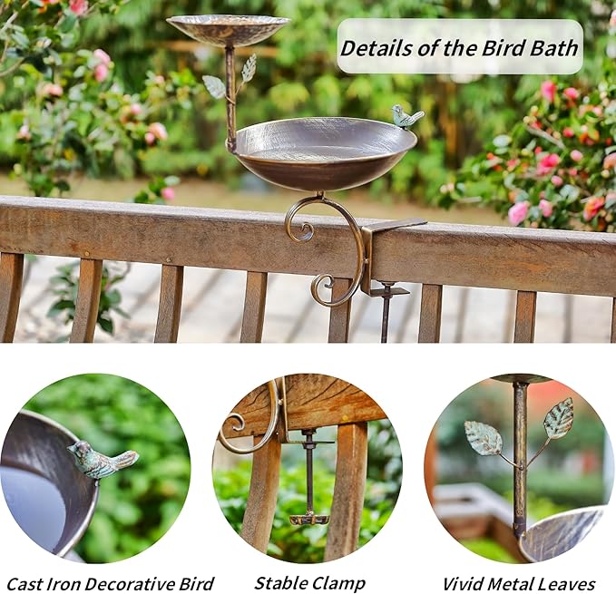 2 in 1 Bird Feeders for Outdoors and Bird Baths, Bird Bath for Deck Railing and Outdoor Bird Feeder, Balcony Bird Feeder and Deck Mounted Bird Bath with Heavy Duty Clamp for Garden Porch Backyard
