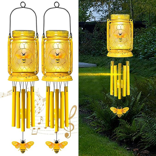 2 Pack Solar Bee Wind Chimes for Outside for Mom Women Grandma,Solar Bee Mason Jar Wind Chime Light Unique Hanging Wind Chimes Outdoor,IP65 Waterproof, for Yard Garden Terrace