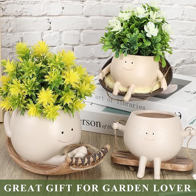 Nuogo 3 Pack Hanging Swing Chair Planter Pots Cute Wall Hanging Planter Pot Swing Face Pot with Drainage Holes Head Pots for Indoor Outdoor Plant Home Decor(Cute)