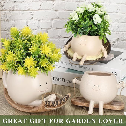 Nuogo 3 Pack Hanging Swing Chair Planter Pots Cute Wall Hanging Planter Pot Swing Face Pot with Drainage Holes Head Pots for Indoor Outdoor Plant Home Decor(Cute)
