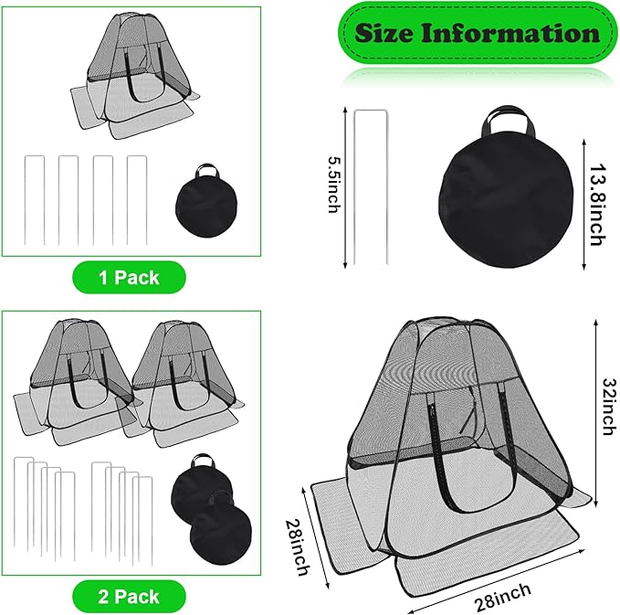 RGQSUN 2 Pack Pop-up Garden Netting Covers,28×28×32in Pest Guard Plant Covers with Zip Entry and Stakes,Fine Mesh Plant Tent Protect Vegetables Fruits from Animals Birds