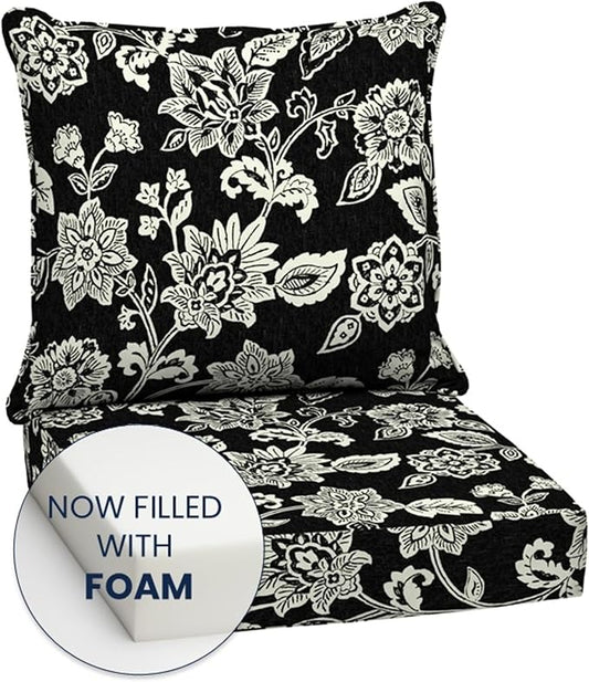 Arden Outdoor Foam Deep Seat Cushion Set, 24 in x 24 in, Weather-Proof, Rain-Proof, Fade Resistant Patio Cushion, Bottom and Back Cushion for Chair, Sofa, and Couch Ashland Black Jacobean