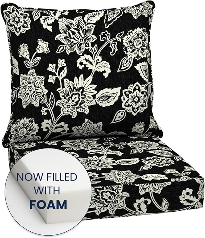 Arden Outdoor Foam Deep Seat Cushion Set (4-Pack), 24x24, Premium High-Density Foam, Never Flattens, Weather-Proof for Patio Chair Sofa Couch, Ashland Black Jacobean