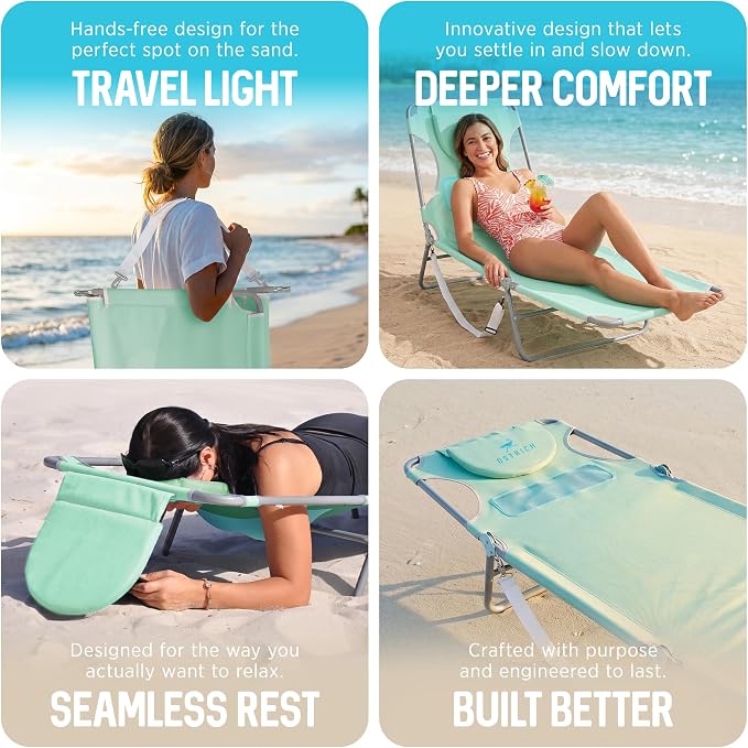 Ostrich the Ladies Comfort Lounger with Chest Support, Foldable and Portable Reclining Outdoor Patio Beach Lawn Camping Pool Tanning Chair, Teal