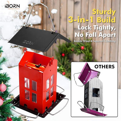 iBorn Bird Feeder House, Metal Bird Feeders for Outdoors Hanging,Double-Sided Metal Hanger & Weatherproof, Easy to Clean & Refill, 2.2 Lbs Capacity, Red
