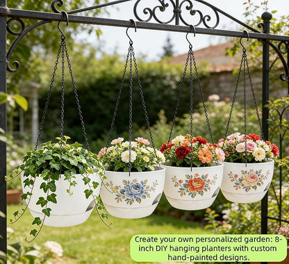 Set of 4-8 Inch Self Watering Hanging Planters for Indoor Outdoor，Hanging Plant Pots with Drainage & Removable Tray, Hanging Pots Holder for Ivy, Pothos, Ferns, Balcony & Patio, White