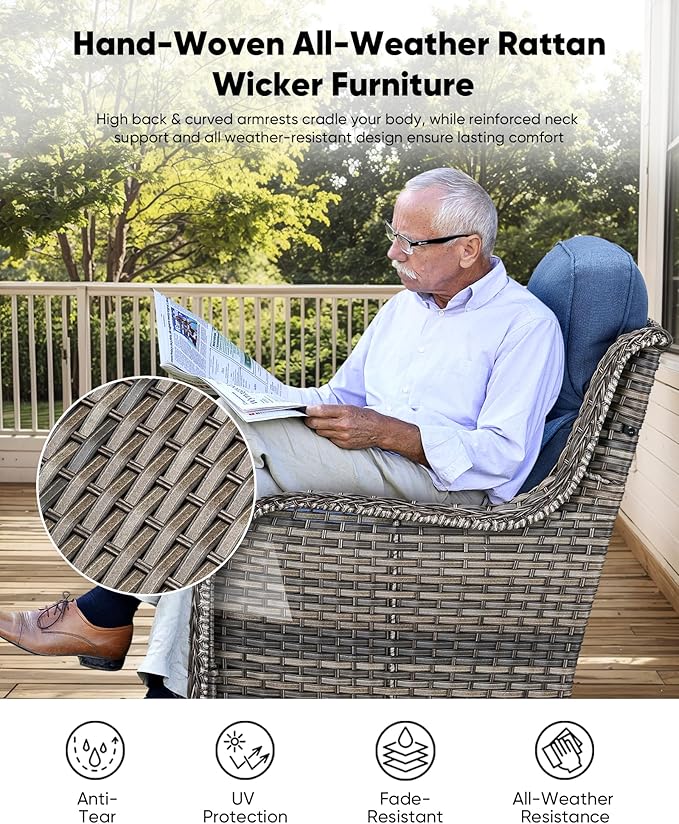 HUMMUH Outdoor Swivel Rocker Wicker Patio Chairs Set of 2, Rattan Rocking Chair Furniture Set (Grey,Blue)