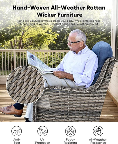 HUMMUH Outdoor Swivel Rocker Wicker Patio Chairs Set of 2, Rattan Rocking Chair Furniture Set (Grey,Blue)
