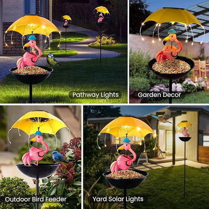 Solar Bird Feeder Garden Decor, Outdoor Solar Lights with Umbrella, Hummingbird Feeder Decorative Path Lights Yard Art Ornament Bird Feeder (Flamingo)
