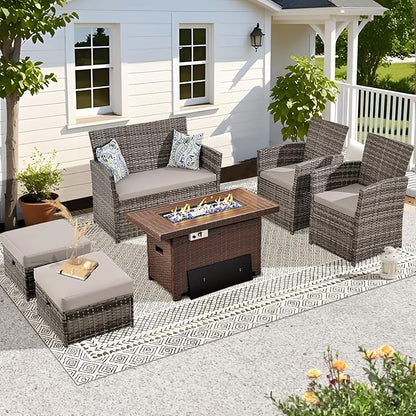 FHFO 6 Pieces Outdoor Patio Furniture Set, Wicker Sectional Sofa Patio Conversation Set Couch with Ottomans Rattan Chair and Table for Garden, Yard,Gray-Gray
