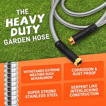 Besiter Garden Hose 25FT Stainless Steel Water Hose with 10 Functions Adjustable Spray Nozzle, Heavy-Duty Metal Garden Hose Flexible Durable No-Tangle & Kink Leak Dog Proof Hose for Yard Lawn(Orange)