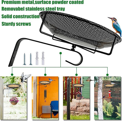 CQAIRIOU Wall Mounted Bird Feeder Tray,11.8" Stainless Steel Large Fence Tree Mount Birds Feeder for Outside Wild Birds, Table Mountable Platform Bird Feeder Mesh Seed Tray with Hanging Hook