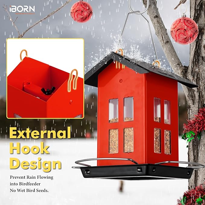 iBorn Bird Feeder House, Metal Bird Feeders for Outdoors Hanging,Double-Sided Metal Hanger & Weatherproof, Easy to Clean & Refill, 2.2 Lbs Capacity, Red
