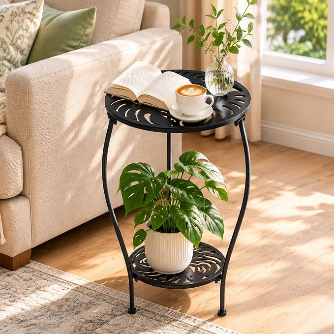 Party Zealot Two-Tiered 12 Inch Metal Round Side Tables Small Black Outside End Table for Patio Round Accent Garden Corner Stand for Small Spaces Weather-Resistant Outdoor Coffee Table for Balcony