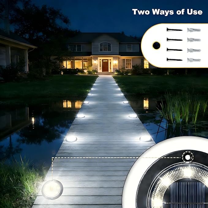Flacchi Solar Lights Outdoor Waterproof - 2-in-1 Solar Powered Ground Lights Outdoor Solar Disk Light Landscape Light for Deck Step Patio Yard Pathway Walkway Driveway Garden (Cool White, 12 Pack)