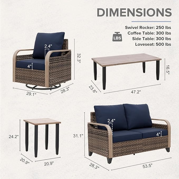 COOS BAY Modern Wicker Outdoor Furniture Set, Patio Conversation Set with Swivel Rockers, 2 Seat Loveseat, Coffee Table and Side Table, 5 Piece, Brown/Blue