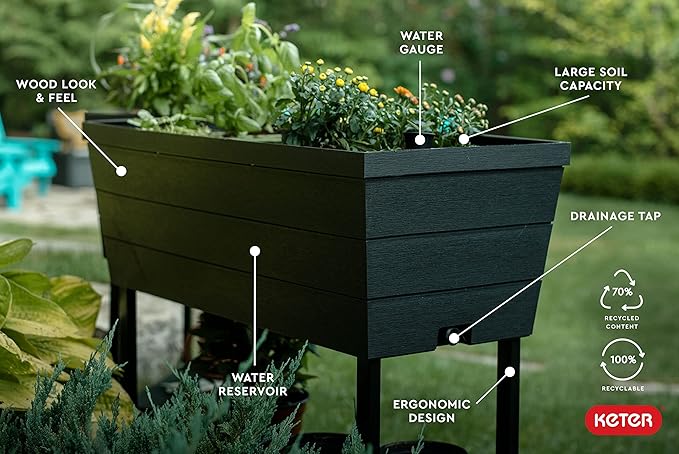 Keter Urban Bloomer 12.7‑Gallon Raised Garden Bed – Elevated Outdoor Planter Box with Self‑Watering Reservoir, Water Gauge & Drainage System, Perfect for Herbs & Vegetables, Dark Grey