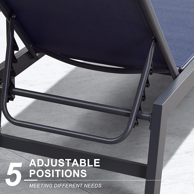 PURPLE LEAF Patio Chaise Lounge Set 2 Pieces Textilene Pool Lounge Chairs with Wheels Sunbathing Chair for Outdoor Yard (2 Navy Blue Lounges W/Side Table)