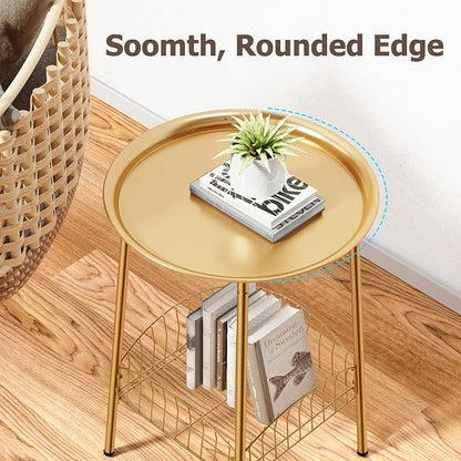 Small Outdoor Side Table, 2-Tier Round Metal Patio Table, Accent Table Waterproof, Weather Resistant End Table for Yard Porch Pool Balcony Garden Bedside (Gold)