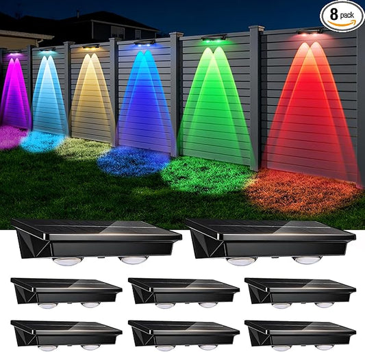 Solar Fence Lights Outdoor 8Pack, Warm White & RGB 6 Color and Glass Panel, Waterproof High Brightness Solar LED Spot Lens Deck Lights for Outside Stairs, Porch Step, Railing, Backyard, Patio