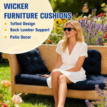 Wicker Furniture Cushions Set, Waterproof Patio Cushions for Outdoor Chairs 3 Pieces, 1 Loveseat & 2 Seat Pads Thick Outdoor Replacement Cushions for Porch Lawn Bench Couch Sofa, Navy Blue
