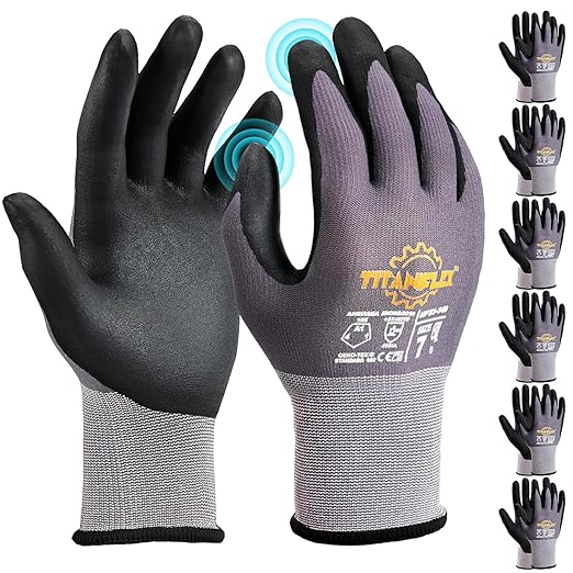 TitanFlex Work Gloves Microfoam Nitrile Coated Men Women-6 Pairs, Safety Warehouse Gloves Mens Working Glove with Grip Heavy Duty, Touchscreen, Seamless Knit Nylon for Automotive, Garden (XX-Large)
