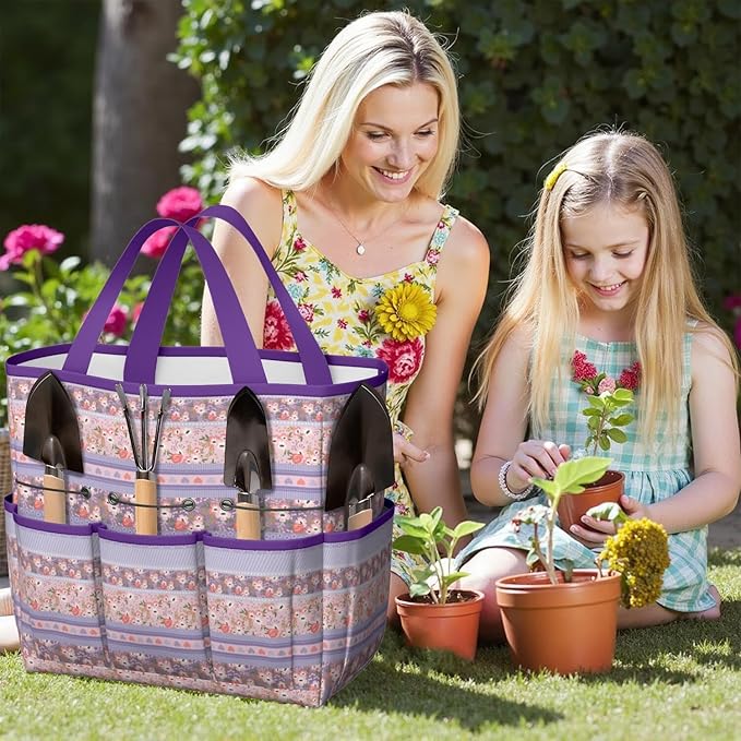 Boho Garden Tool Bag - Waterproof Floral Garden Tote with 8 Pockets, Large Storage Home Organizer Gardening Tool Oxford Bag for Garden Tools Kits Holder, Ideal Outdoor Gardening Gift for Women & Men