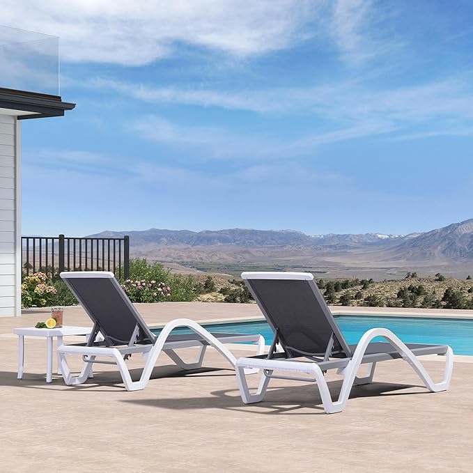 PURPLE LEAF Patio Chaise Lounge Chair Set of 3 Outside Aluminum Plastic Stackable Tanning Chairs with Armrests and Side Table for Pool Sunbathing Beach Deck Outdoor Lounger, Gray