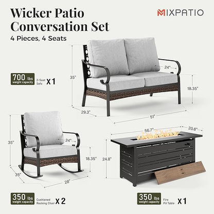 Patio Furniture Set with Firepit Table, Black Frame Outdoor Conversation Set with 2 x Rocking Chair, 1 x 2-Seat Sofa for Lawn Garden Backyard, Light Grey