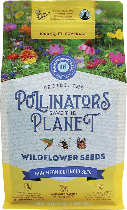 BUZZY Wildflower Pollinator Seed Mix (1lb Bag), 18 Pollinator-Friendly Varieties, Protect The Pollinators & Save The Planet, Coneflower, Sunflower, Calendula, Cosmos, & More, Growth Guaranteed