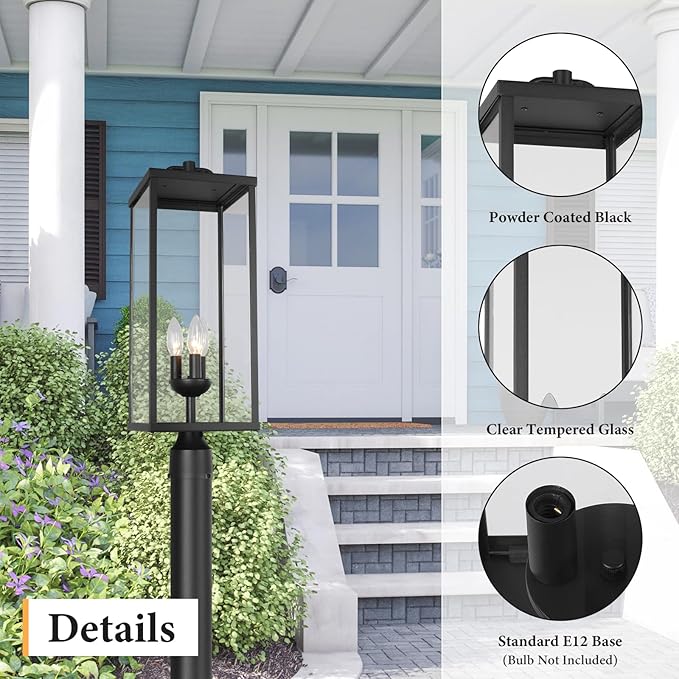 Outdoor Post Light Fixture, Modern Exterior Square Pillar Lantern with Black Finish & Clear Glass, Transitional Pier Mount Lamp, Pole Light for Garden, Backyard, Patio, Pathway, RZ008L-P