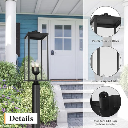 Outdoor Post Light Fixture, Modern Exterior Square Pillar Lantern with Black Finish & Clear Glass, Transitional Pier Mount Lamp, Pole Light for Garden, Backyard, Patio, Pathway, RZ008L-P