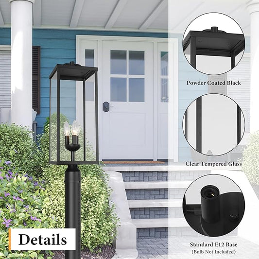 Outdoor Post Light Fixture, Modern Exterior Square Pillar Lantern with Black Finish & Clear Glass, Transitional Pier Mount Lamp, Pole Light for Garden, Backyard, Patio, Pathway, RZ008L-P