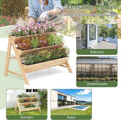 Giantex 3-Tier Raised Garden Bed, Wooden Vertical Planter Box with Storage Shelf, 2 Hanging Hooks & 3 Bed Liners, All-Weather Freestanding Planter, Elevated Raised Beds for Lawn Patio, Natural