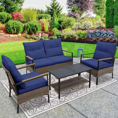 EAGLE PEAK 4 Piece Mojave Dusk Outdoor Conversation Set, Patio Wicker Furniture, Loveseat, 2 Patio Chairs and Coffee Table, Brown/Blue