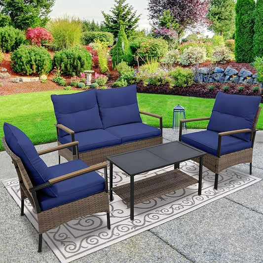 EAGLE PEAK 4 Piece Mojave Dusk Outdoor Conversation Set, Patio Wicker Furniture, Loveseat, 2 Patio Chairs and Coffee Table, Brown/Blue