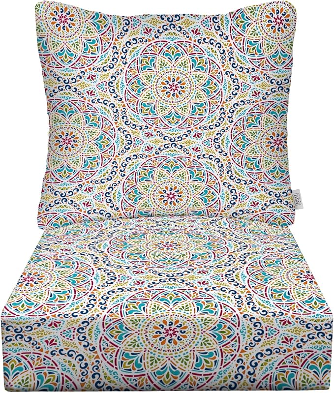 RSH Decor: Deep Seating Cushion with Pillow Back | 25” x 25” Seat | Water and Fade-Resistant Spun Fabric | Outdoor Chair Cushion Set for Patio Furniture | Zen Fiesta - Made in USA
