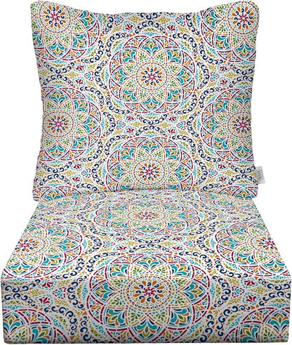 RSH Decor: Deep Seating Cushion with Pillow Back | 25” x 25” Seat | Water and Fade-Resistant Spun Fabric | Outdoor Chair Cushion Set for Patio Furniture | Zen Fiesta - Made in USA