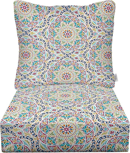 RSH Decor: Deep Seating Cushion with Pillow Back | 25” x 25” Seat | Water and Fade-Resistant Spun Fabric | Outdoor Chair Cushion Set for Patio Furniture | Zen Fiesta - Made in USA