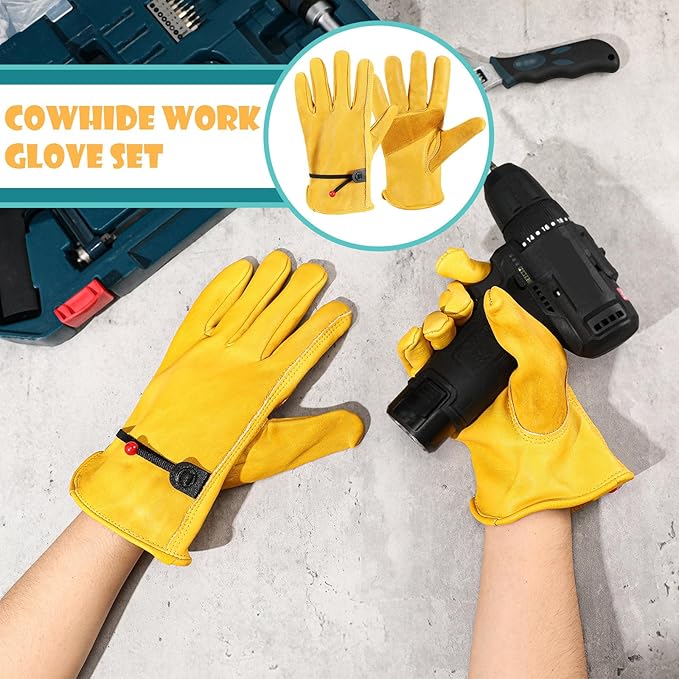 Tarpop Men's Large Cowhide Leather Work Gloves, Reinforced Palm for Wood Cutting, Construction, Gardening, Driving