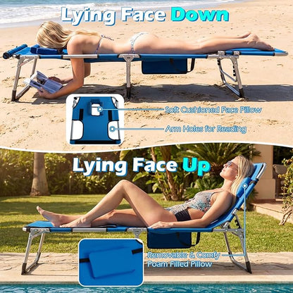 GYMAX Tanning Chair, 3 in 1 Sun Bathing Lounge Chairs with Face/Arm Holes & Side Pocket, Portable Lightweight Face Down Layout Tanning Chair for Outside, Beach, Backyard, Poolside (1, Blue)